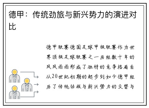德甲：传统劲旅与新兴势力的演进对比