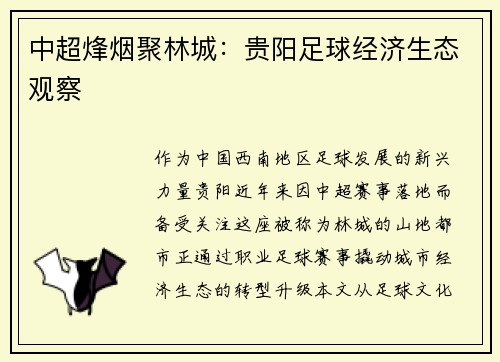 中超烽烟聚林城：贵阳足球经济生态观察